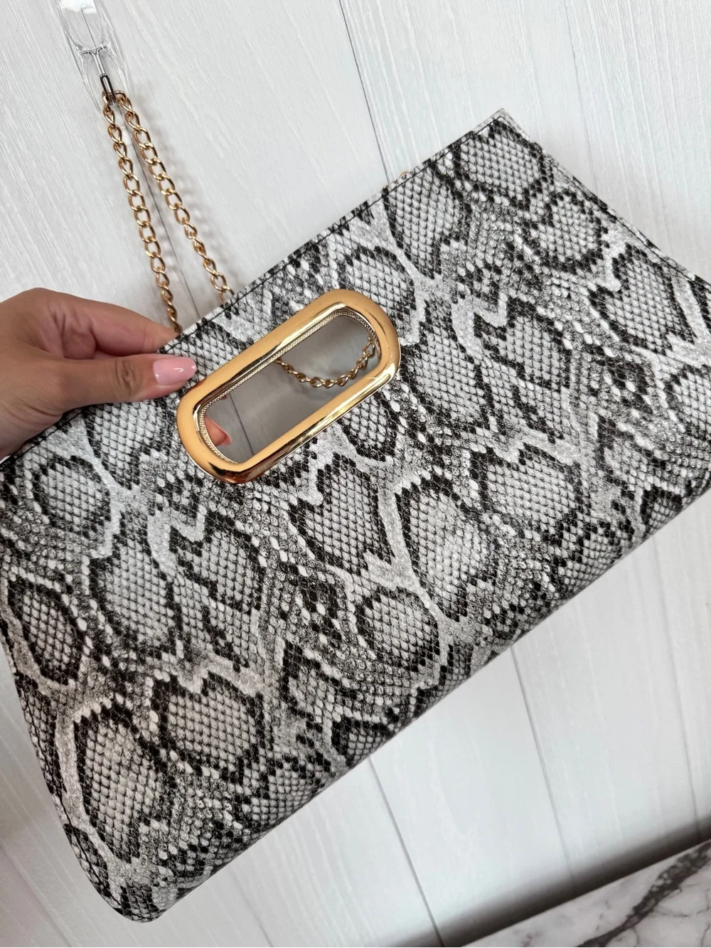 Snake-Print Chain Handle Clutch - Black & White